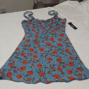 Lulu's  Skater Dress in Blue with Red Floral Design. Size Small  NEW